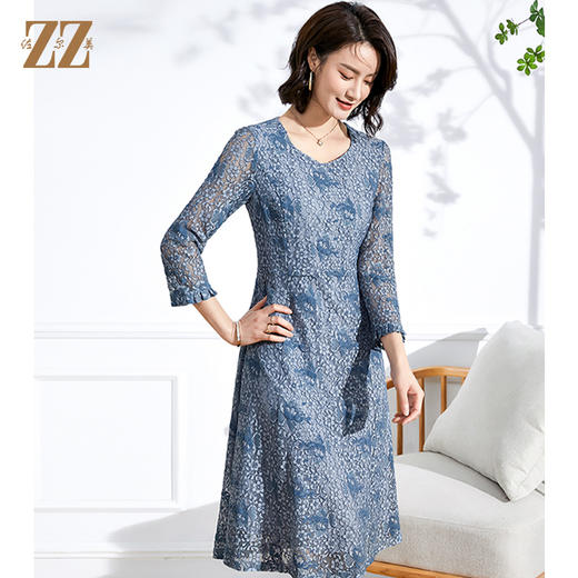 佐尔美2022春夏新款 蕾丝网纱7分袖收腰绣花中长连衣裙女E13LL37 商品图2