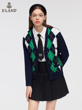ELAND衣恋2022年春季新款设计感学院风绿色菱格纹针织毛衣开衫女EECKC12Q4N