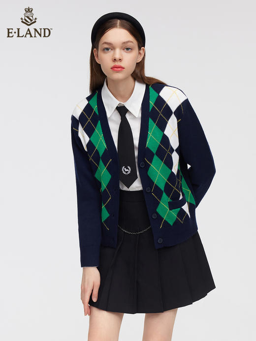 ELAND衣恋2022年春季新款设计感学院风绿色菱格纹针织毛衣开衫女EECKC12Q4N 商品图0