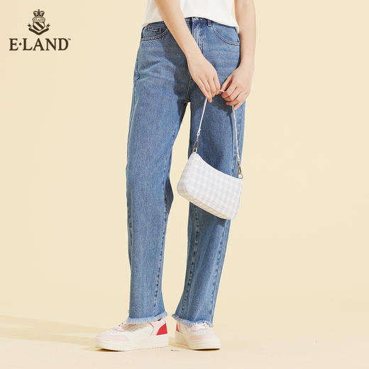 ELAND衣恋2022年春季新款小个子显瘦简约百搭磨边微喇裤牛仔裤女EETJC11H3D 商品图2