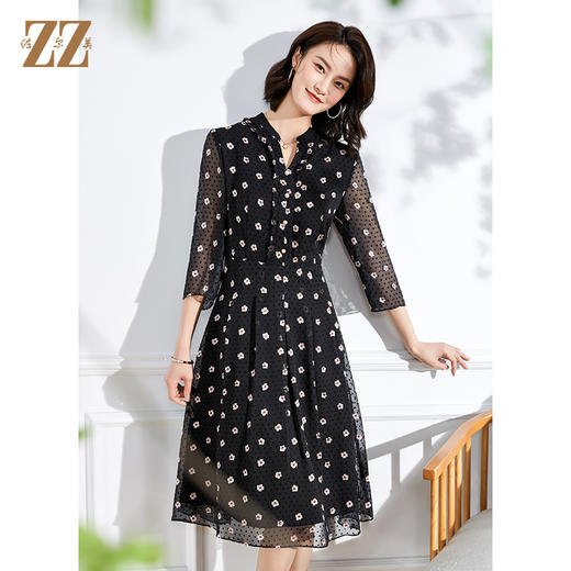 佐尔美春夏新款 V领网纱9分袖收腰小碎花中长连衣裙女E11LL29 商品图2
