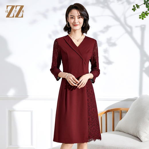 佐尔美春夏新款 V领蕾丝镂空9分袖收腰绣花中长女连衣裙E11LL21 商品图0