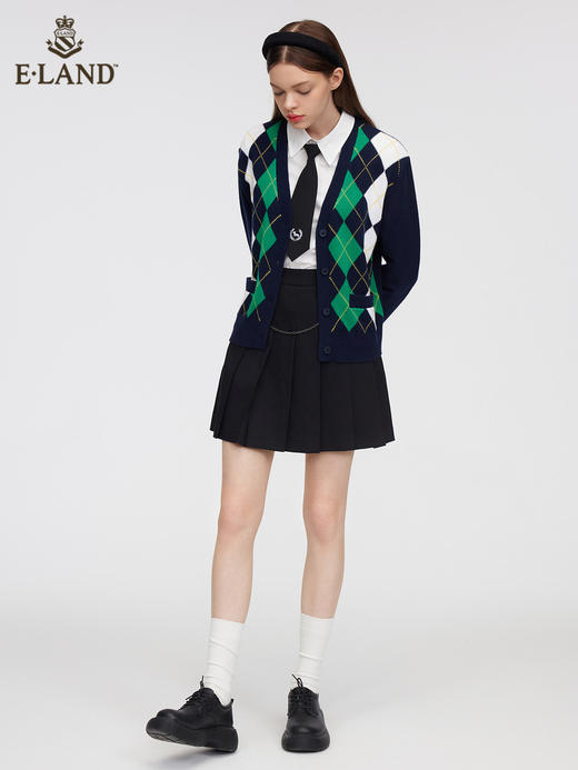 ELAND衣恋2022年春季新款设计感学院风绿色菱格纹针织毛衣开衫女EECKC12Q4N 商品图1