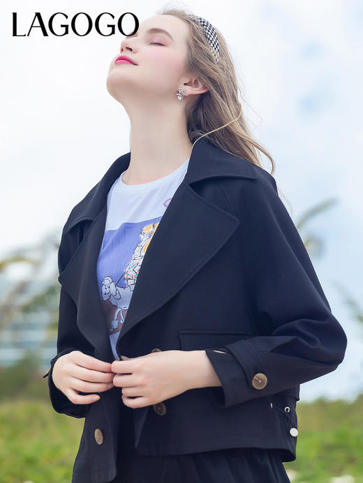 Lagogo拉谷谷2022春季新款黑色西装领气质通勤双排扣外套女高级感LAWW532A42 商品图2