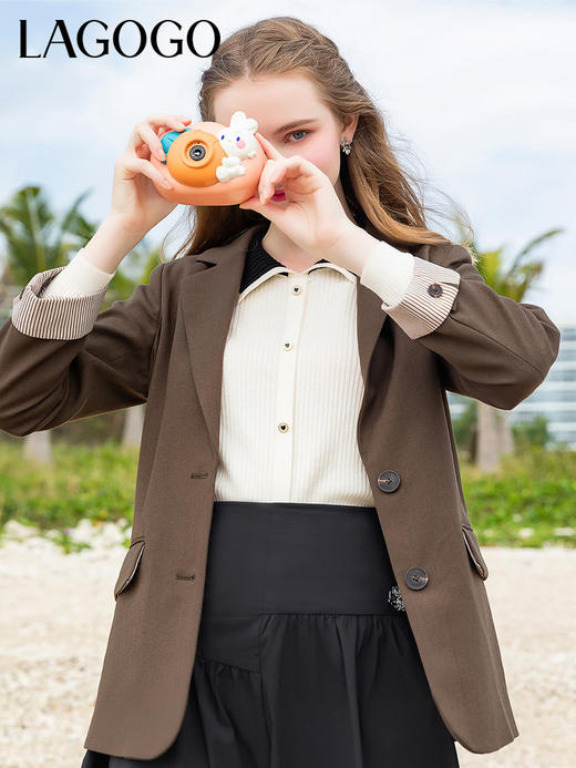 Lagogo拉谷谷2022春季新款通勤气质单排扣中长款西装外套女高级感LAWW332A41 商品图1