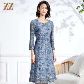 佐尔美2022春夏新款 蕾丝网纱7分袖收腰绣花中长连衣裙女E13LL37