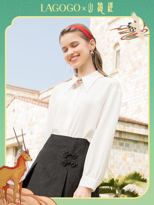 Lagogo拉谷谷2022年春季新款方领单排扣白色衬衫女LACC411C22 商品图0