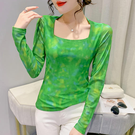 设计感方领修身打底衫，洋气晕染网纱T恤KQL-9120 商品图2