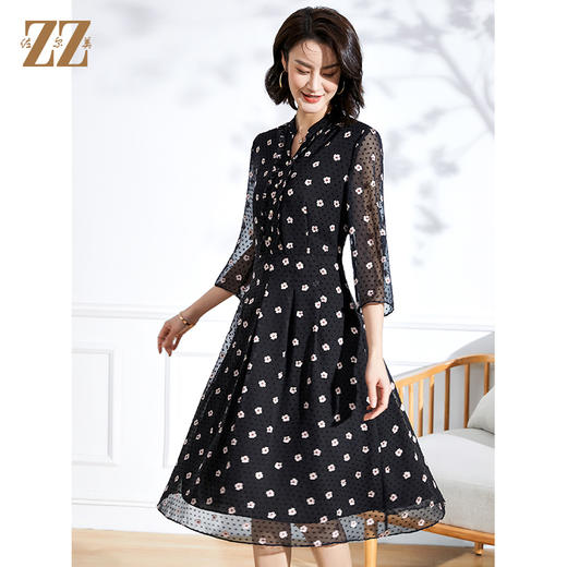 佐尔美春夏新款 V领网纱9分袖收腰小碎花中长连衣裙女E11LL29 商品图3