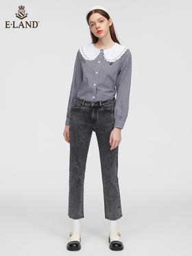 ELAND衣恋2022年春季新款简约修身裤脚设计感开衩纯色牛仔长裤女EETJC12H1M