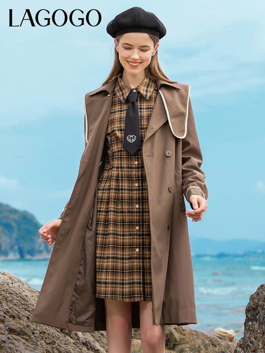 Lagogo拉谷谷2022年春季新款西装领系带双排扣学院风风衣女咖啡色LAFF332C44 商品图1