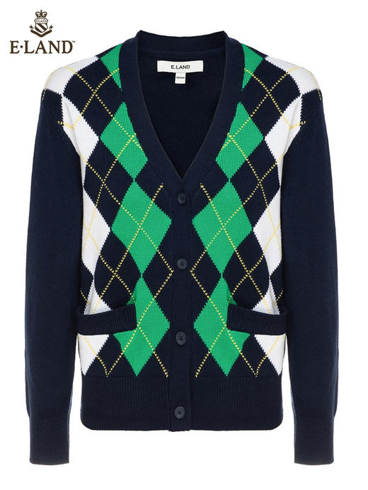 ELAND衣恋2022年春季新款设计感学院风绿色菱格纹针织毛衣开衫女EECKC12Q4N 商品图4