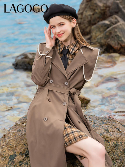 Lagogo拉谷谷2022年春季新款西装领系带双排扣学院风风衣女咖啡色LAFF332C44 商品图0