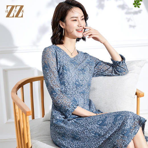 佐尔美2022春夏新款 蕾丝网纱7分袖收腰绣花中长连衣裙女E13LL37 商品图1