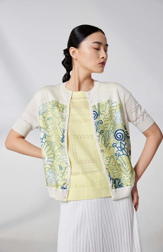 羊绒真丝针梭相拼短袖女士开衫SJS94W034K 商品图0