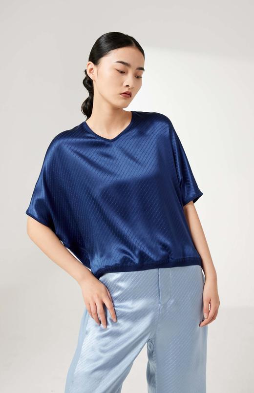 真丝羊绒V领针梭相拼短袖上衣SJS94W021K 商品图3