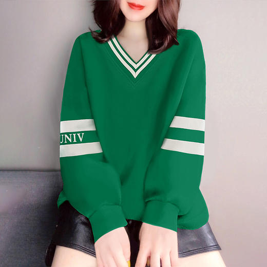 绿色复古V领条纹撞色高级感休闲小个子卫衣2022春季新款YYM8636 商品图0