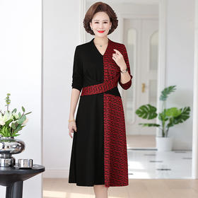 FLOF-A181-Y626新款时尚优雅气质收腰V领长袖中长款拼接印花连衣裙