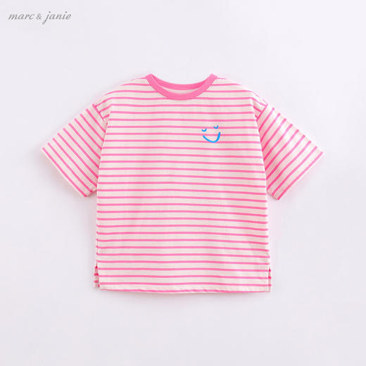 【打折】马克珍妮夏装新款 女童舒适全棉笑脸图案条纹加长t恤220538 商品图0