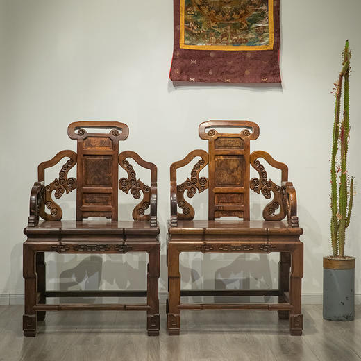 清 红木镶瘿木云纹扶手椅（一对） 商品图0