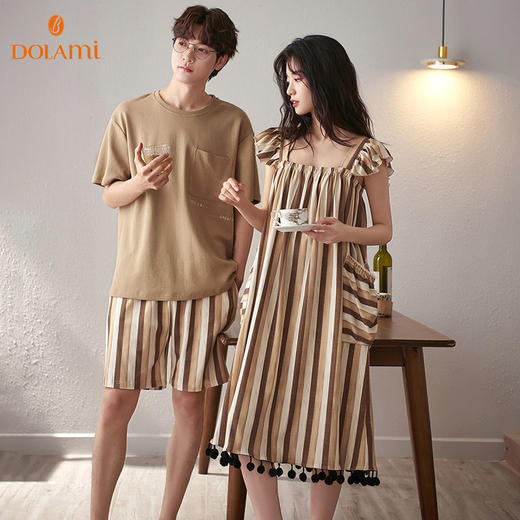 多拉美情侣睡衣夏季纯棉短袖宽松舒适男女士薄款吊带裙家居服套装 商品图3