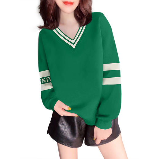 绿色复古V领条纹撞色高级感休闲小个子卫衣2022春季新款YYM8636 商品图4