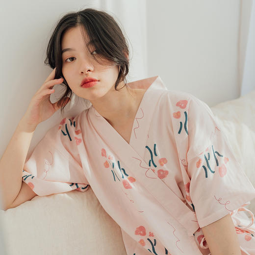 【花开有时】纯棉纱布睡衣 长袖两件套 短袖睡裙 宽松和服睡衣 汗蒸家居服 商品图0