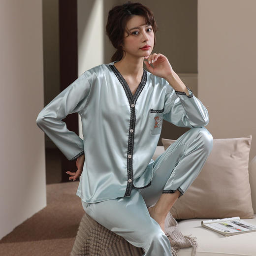 BABY YEON2022新款春秋季冰丝睡衣女长袖薄款宽松女士家居服丝绸花边两家套 商品图5