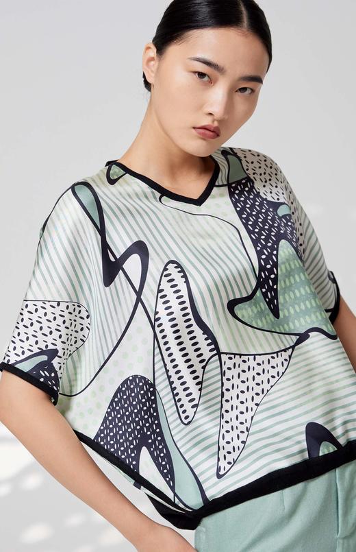 真丝羊绒V领针梭相拼短袖上衣SJS94W021K 商品图1