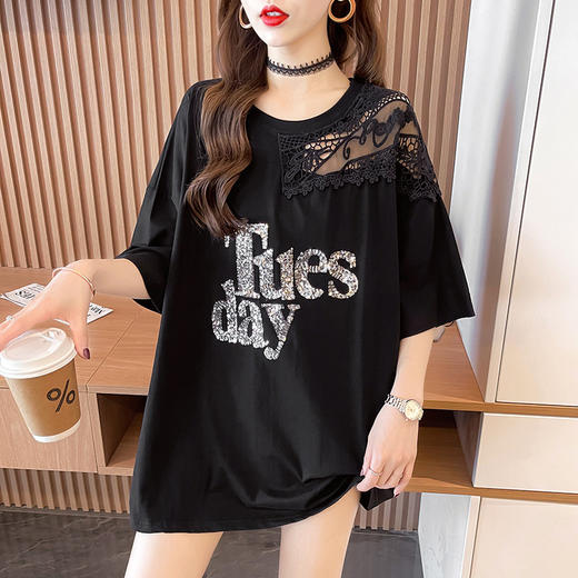2022夏季韩版短袖t恤女亮片刺绣镂空上衣中长款时尚大码女装 商品图1