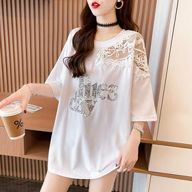 2022夏季韩版短袖t恤女亮片刺绣镂空上衣中长款时尚大码女装