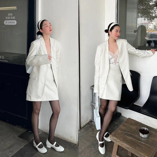 HIDEMI 水泥灰白褶皱做旧感环保皮V领西装皮衣皮裤套装 商品图1