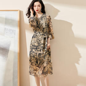 剩M 米思阳2024春季新款时尚气质印花宽松长袖系带收腰连衣裙0561