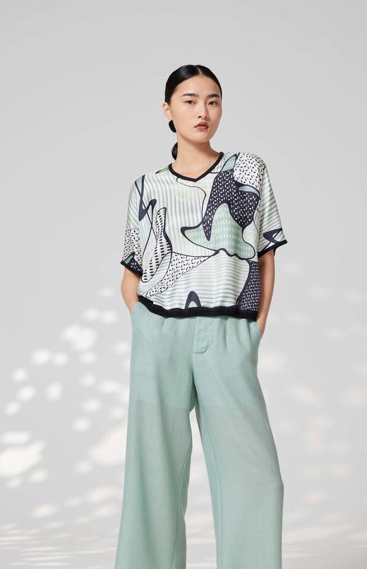 真丝羊绒V领针梭相拼短袖上衣SJS94W021K 商品图2