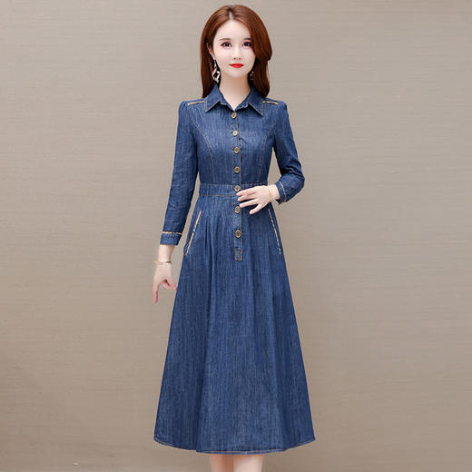 WE-KED91776时尚牛仔连衣裙女中长款2022春装新款修身大码气质高档长袖A字裙 商品图2
