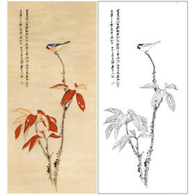 张大千竖幅工笔花鸟白描底稿《红叶青禽》临摹勾线高清打印稿QD29
