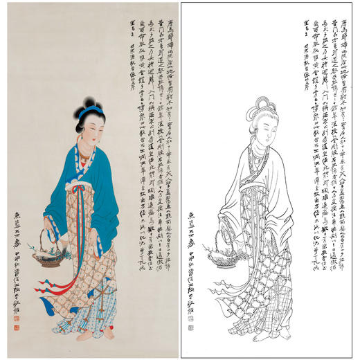 【大彩图】张大千工笔传统仕女人物白描底稿《鱼篮大士像》神女临摹勾线高清打印稿QD56 商品图0