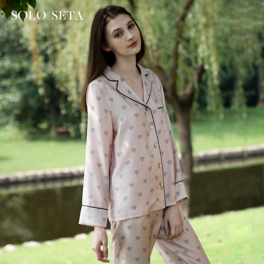 Solo seta桑蚕丝家居服粉色女士睡衣丝绸真丝长袖两件套礼物秋冬 商品图0