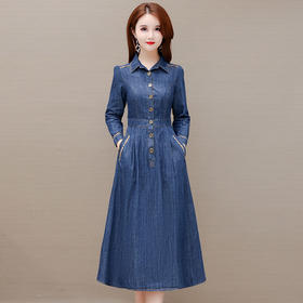 WE-KED91776时尚牛仔连衣裙女中长款2022春装新款修身大码气质高档长袖A字裙