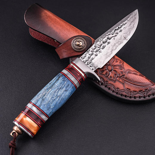 非洲野狼大马士革手工刀收藏刀固化稳定木手柄户外战术直刀 商品图3