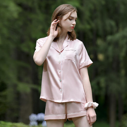 Solo seta重磅纯色真丝睡衣女桑蚕丝秋冬短袖短裤丝绸家居服套装 商品图1