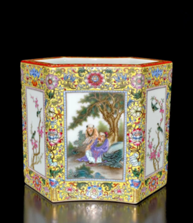 江南平：花鸟开窗 六方笔筒