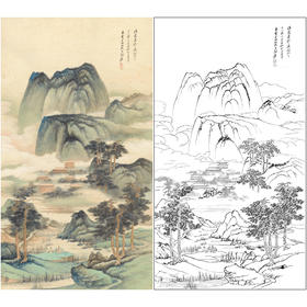 【大彩图】张大千工笔画白描底稿《中堂山水》临摹勾线山水线稿QD09