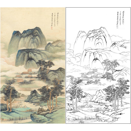 【大彩图】张大千工笔画白描底稿《中堂山水》临摹勾线山水线稿QD09 商品图0