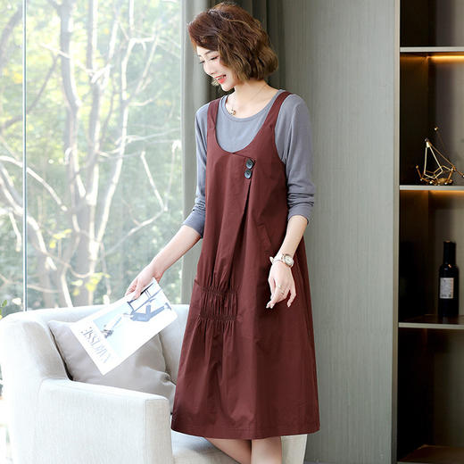 2022春季新款女装文艺气质纯色连衣裙 圆领长袖T背带裙两件套裙  HR-WL62269 商品图3
