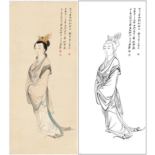【大彩图】张大千工笔传统仕女人物白描底稿临摹勾线高清打印稿QD59 商品图0