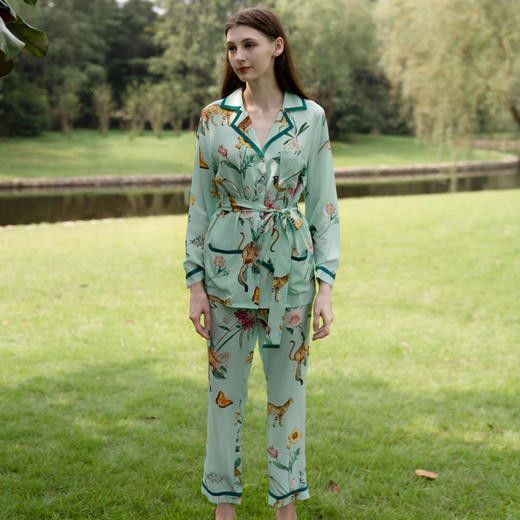 Solo seta真丝印花睡衣桑蚕丝可外穿女丝绸秋冬套装家居服 商品图3