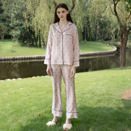 Solo seta桑蚕丝家居服粉色女士睡衣丝绸真丝长袖两件套礼物秋冬 商品图2