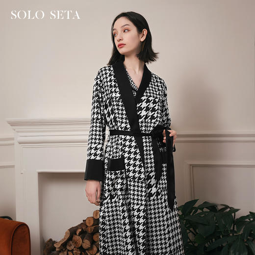 Solo seta22姆米重磅真丝睡袍女长款桑蚕丝家居服千鸟格丝绸秋冬 商品图0