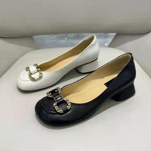 LFGJ 12005  春款真皮圆头浅口低跟豆豆鞋女胎牛皮舒适粗跟单鞋女 商品图5